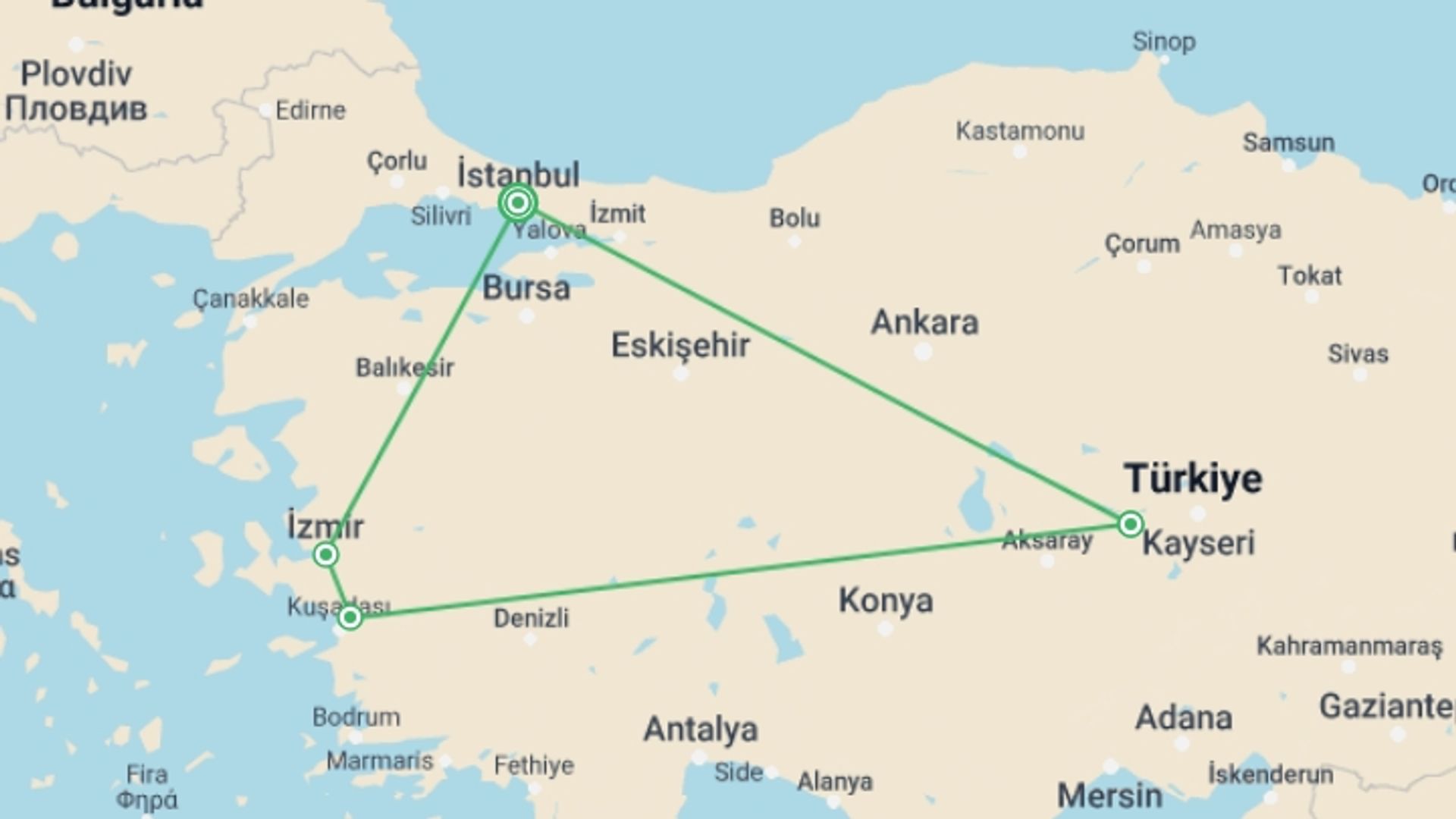A map showing the tour itinerary for the trip: Ephesus, Cappadocia & Istanbul Tour: 6 Days, starting in Istanbul, Turkey and ending in Istanbul, Turkey going through 3 other destinations.