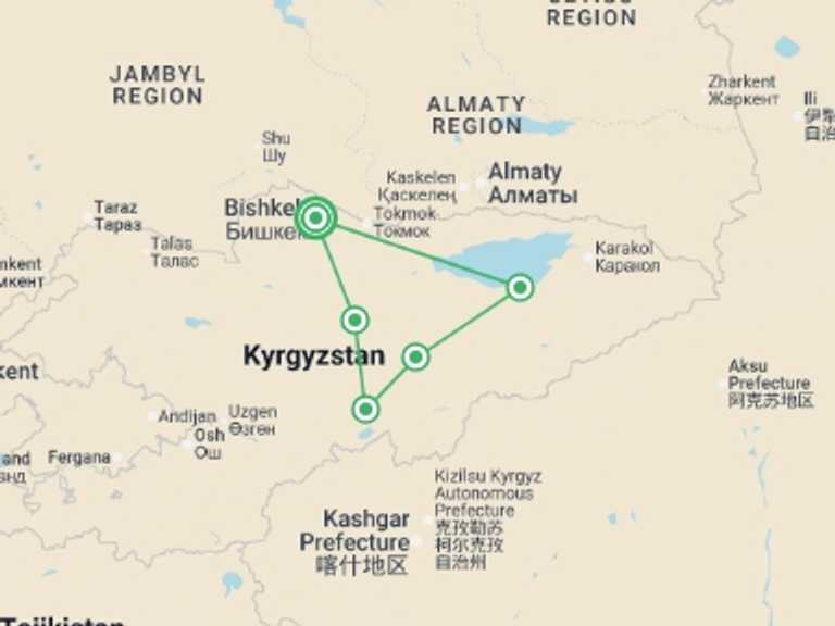 Map of Bishkek Explorer Tour with 5 destination visits for the trip: Kyrgyzstan Adventure 7D/6N