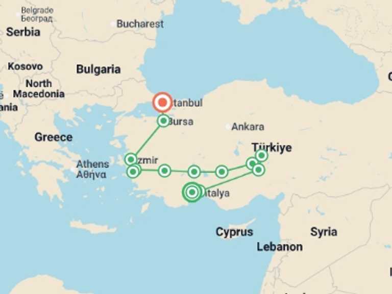 Map of Europe Tour with 7 destination visits for the trip: The Turkish Tour
