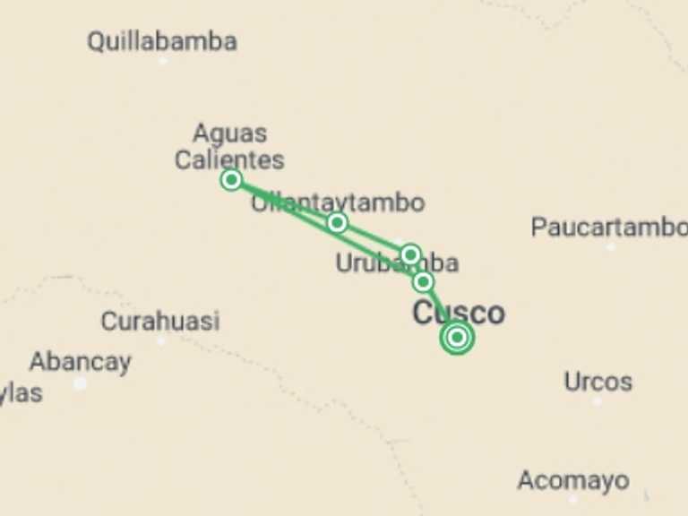 Map of Peru Train Tour with 4 destination visits for the trip: Machupicchu Express: Small Group Tour