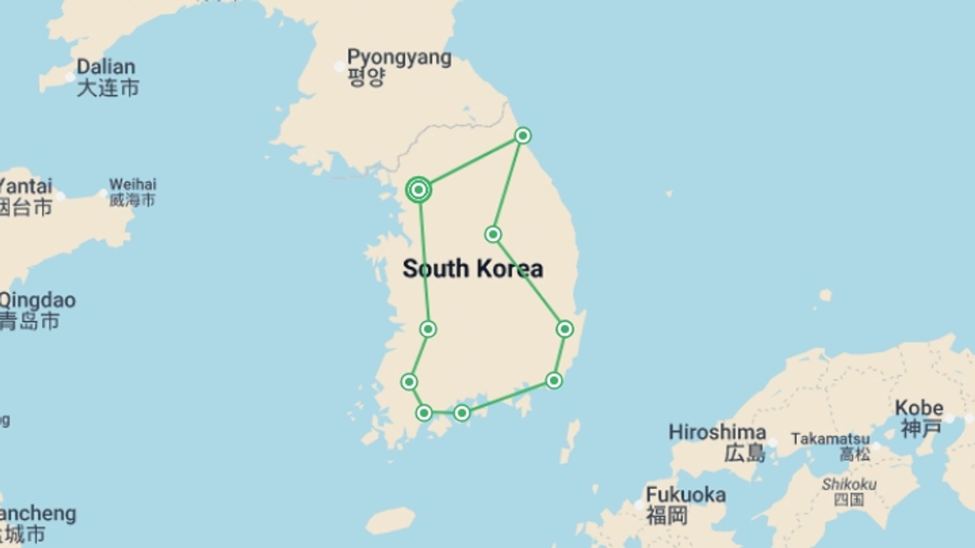 A map showing the tour itinerary for the trip: Spectacular South Korea - 12 days, starting in Seoul, South Korea and ending in Seoul, South Korea going through 6 other destinations.