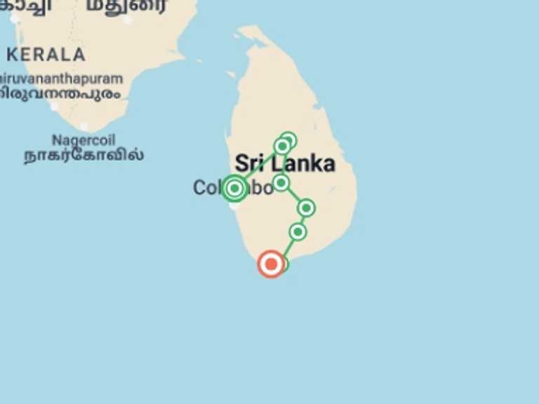 Map of a Wildlife safaris and game drives Tour with 8 destination visits for the trip: Sri Lanka Experience