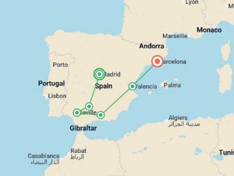 Map itinerary of Spain Tour in February 2026 with 5 destination visits for the trip: Marvelous Spain