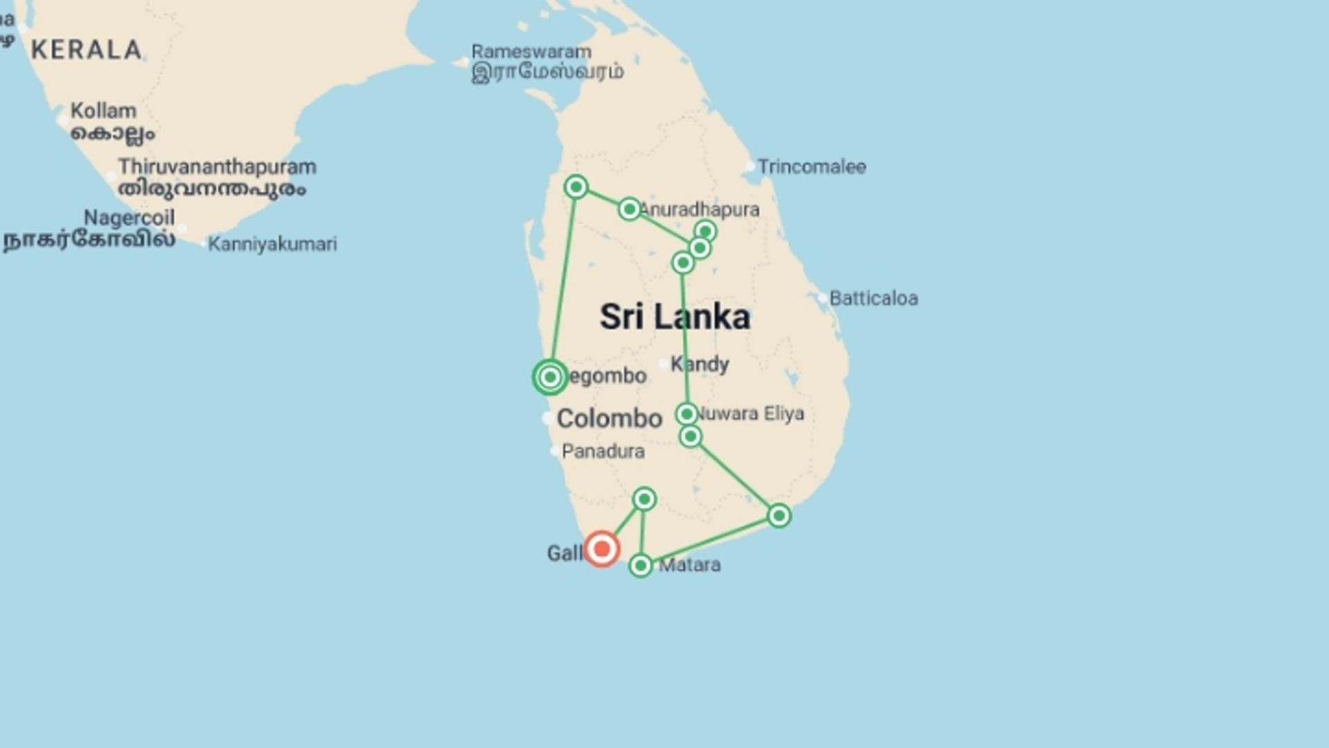 A map showing the tour itinerary for the trip: Untouched Wilderness of Sri Lanka , starting in Negombo, Sri Lanka and ending in Galle, Sri Lanka going through 11 other destinations.