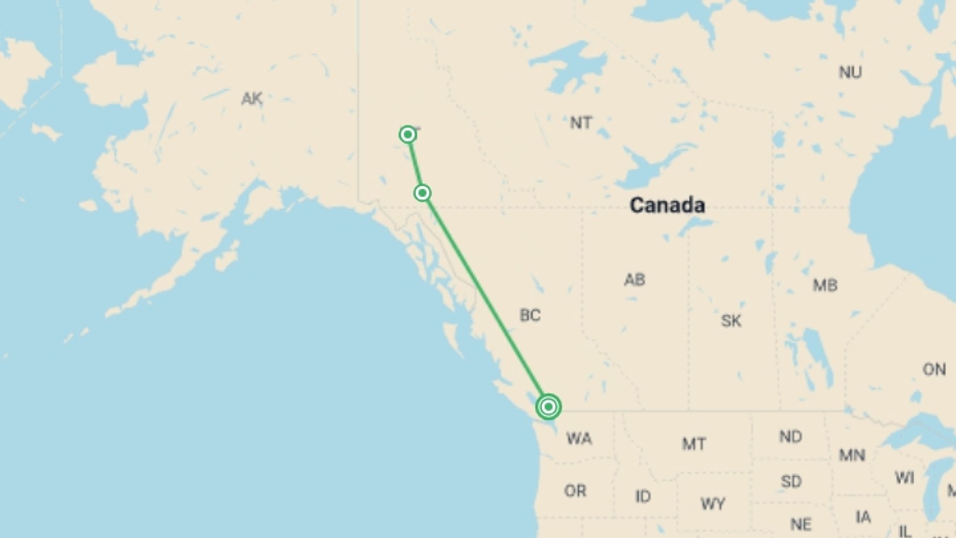 A map showing the tour itinerary for the trip: Yukon & Northern Lights - 4 days, starting in Vancouver, Canada and ending in Vancouver, Canada going through 2 other destinations.