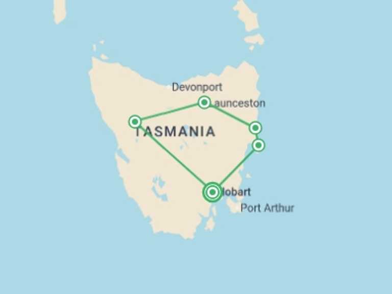 Map of Oceania Tour with 5 destination visits for the trip: Totally Tasmania - 6 days