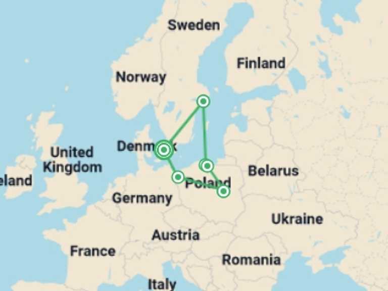Map of Europe Tour with 6 destination visits for the trip: Nordic Gems and Poland End Copenhagen