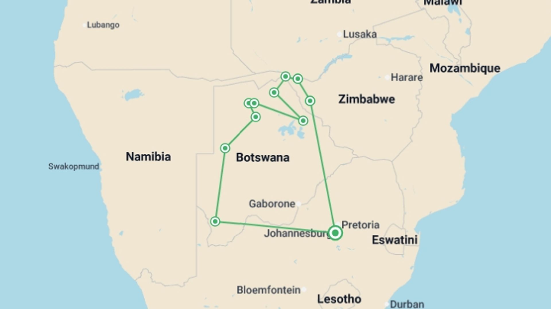 A map showing the tour itinerary for the trip: Wildlife & Waterfalls - 2026, starting in Cape Town, South Africa and ending in Cape Town, South Africa going through 10 other destinations.