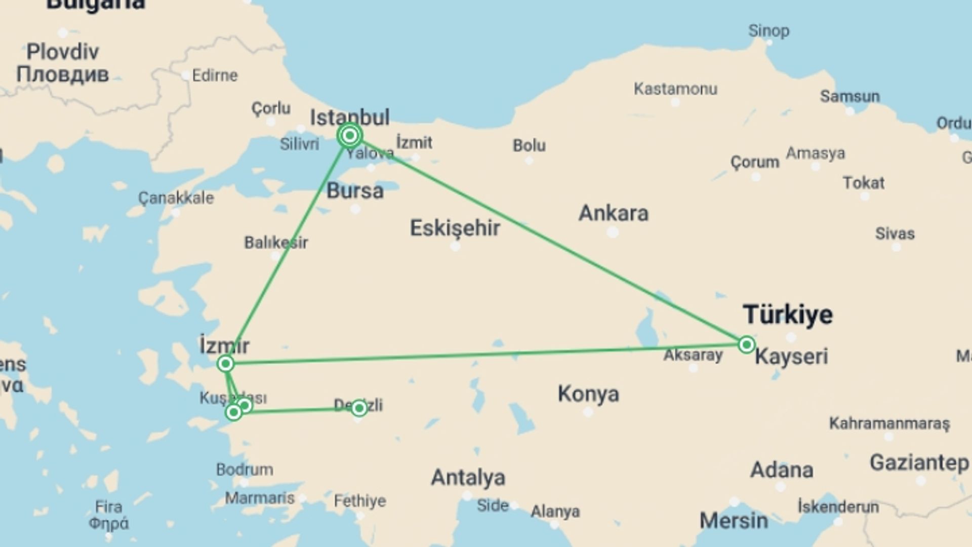 A map showing the tour itinerary for the trip: Wonderful Turkey With Cappadocia, Private Tour, starting in Istanbul, Turkey and ending in Istanbul, Turkey going through 3 other destinations.
