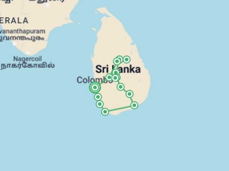 Map of Sri Lanka Tour with 6 destination visits for the trip: The Pick Of Sri Lanka
