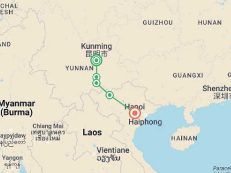 Map of Kunming Tour with 5 destination visits for the trip: China to Vietnam: An Overland Adventure