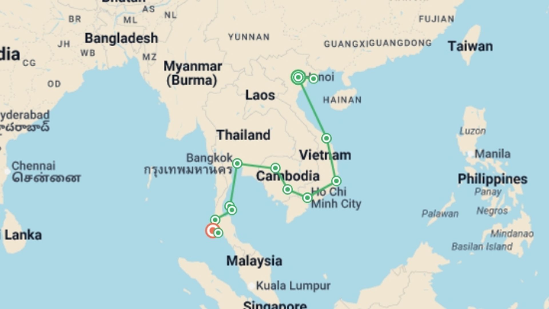 A map showing the tour itinerary for the trip: Get Social: Big Southeast Asia, starting in Hanoi, Vietnam and ending in Phuket, Thailand going through 11 other destinations.