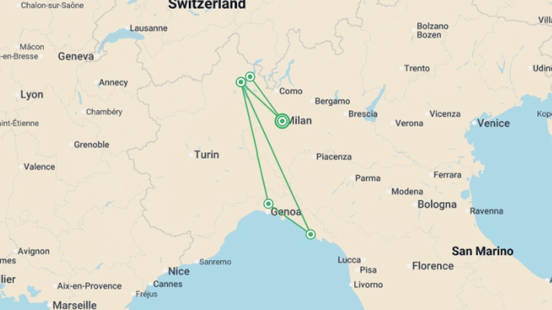 A map showing the tour itinerary for the trip: Northern Italy Including Cinque Terre, starting in Milan, Italy and ending in Milan, Italy going through 4 other destinations.