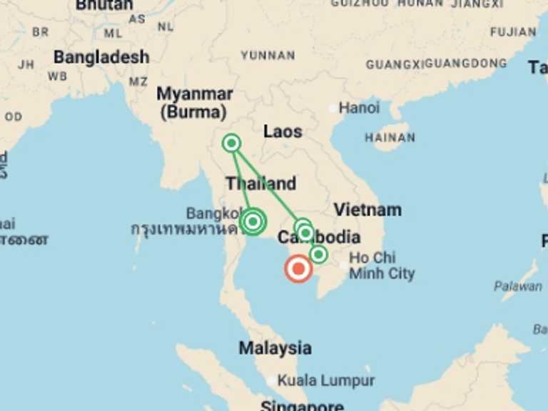 Map of a Explorer Tour with 7 destination visits for the trip: Hidden Charms of Thailand & Cambodia - 15 days