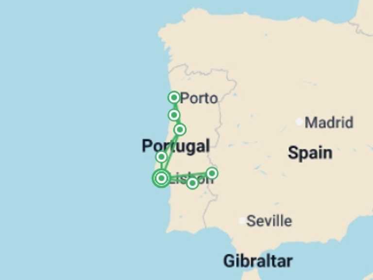 Map itinerary of Europe Tour in Fall with 5 destination visits for the trip: Treasures of Portugal