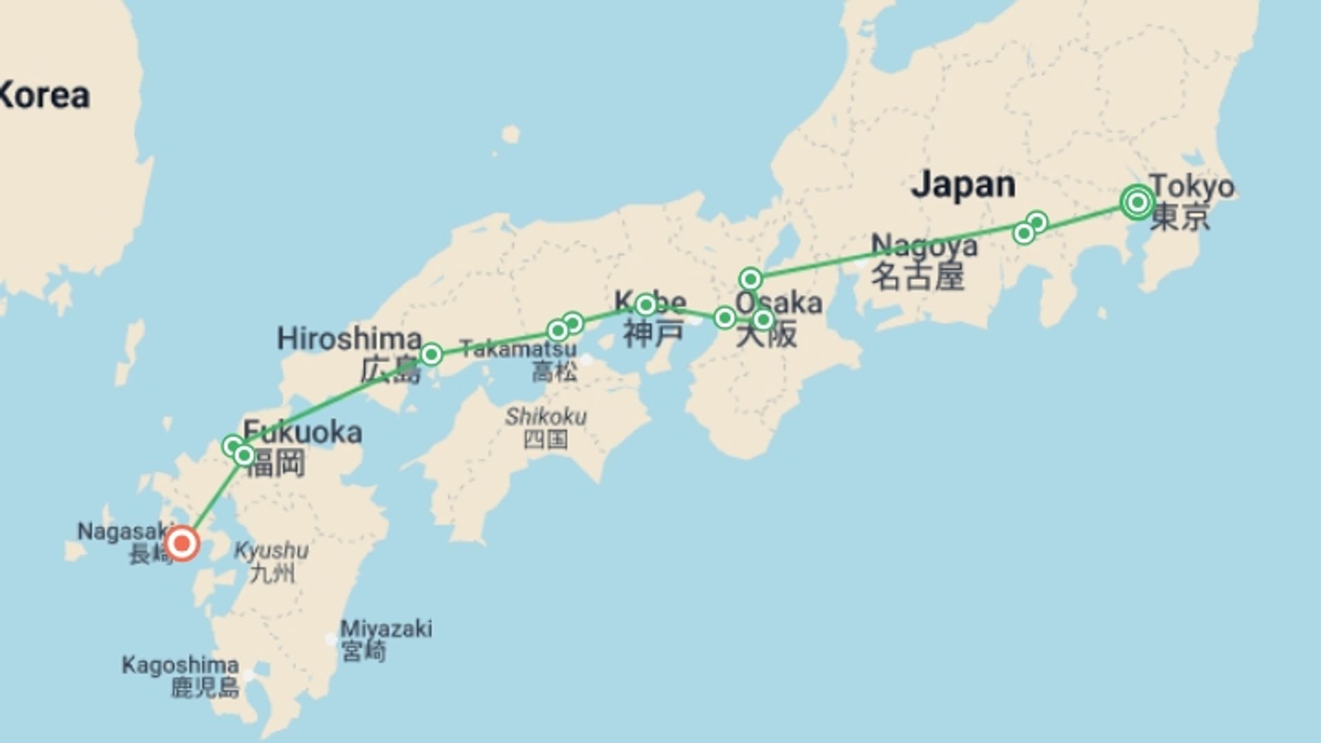 A map showing the tour itinerary for the trip: Contrasts of Japan and Nagasaki, starting in Tokyo, Japan and ending in Nagasaki, Japan going through 6 other destinations.