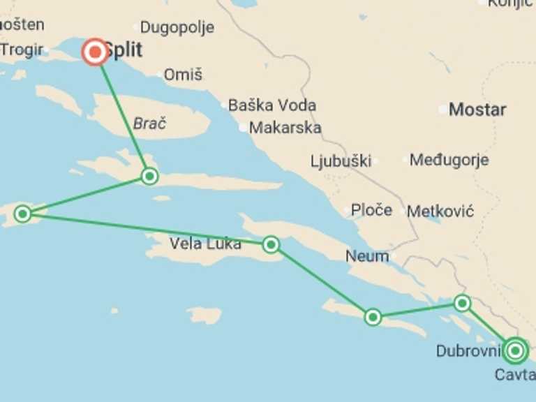 Map of Split Cultural, religious and historic sites Tour with 7 destination visits for the trip: Premium Adriatic Wonders From Dubrovnik