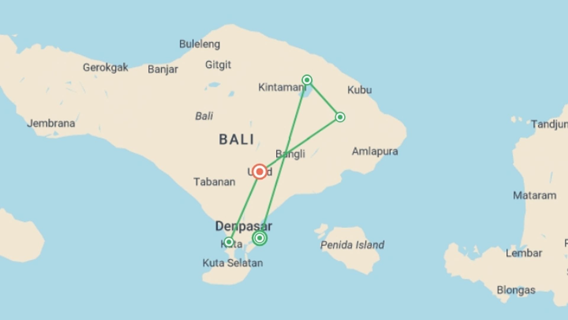 A map showing the tour itinerary for the trip: Bali Mountain Biking Adventure, starting in Sanur, Indonesia and ending in Ubud, Indonesia going through 3 other destinations.