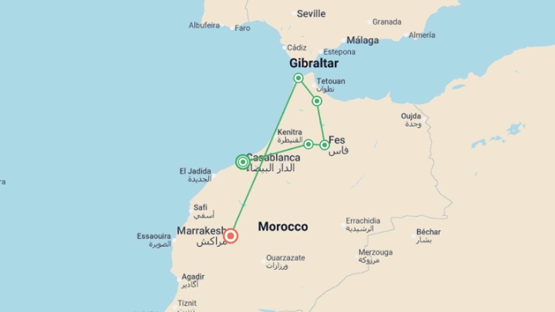 A map showing the tour itinerary for the trip: North Morocco Adventure, starting in Casablanca, Morocco and ending in Marrakech, Morocco going through 4 other destinations.