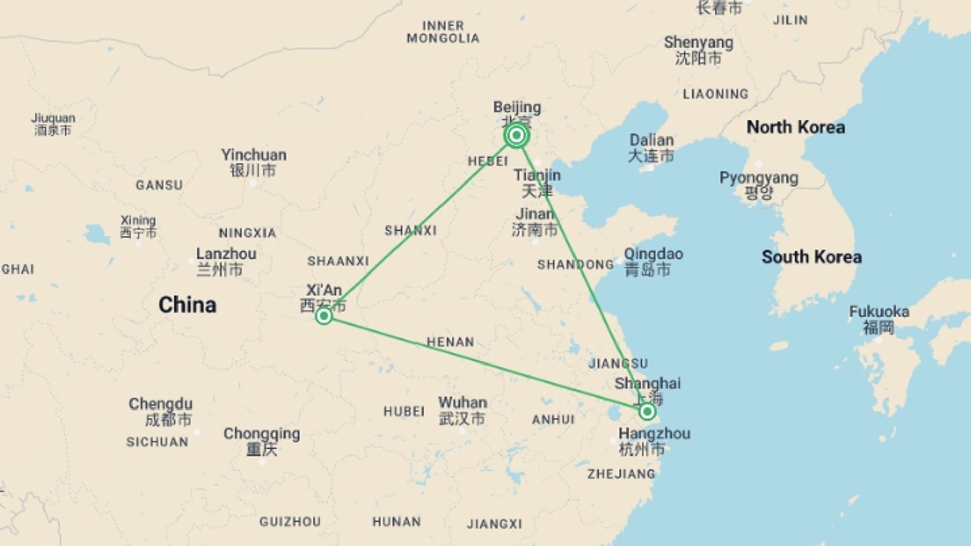 A map showing the tour itinerary for the trip: China's Present, Past And Future, starting in Beijing, China and ending in Beijing, China going through 2 other destinations.
