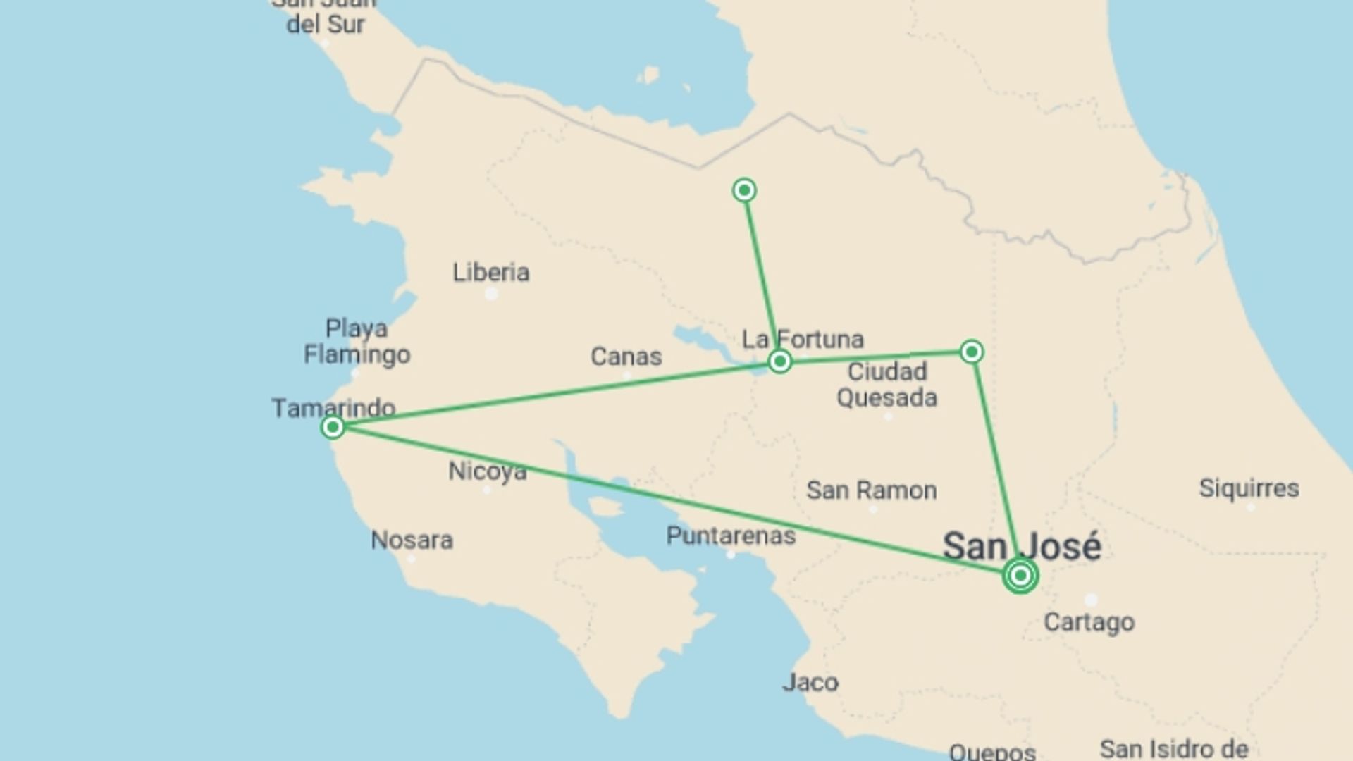 A map showing the tour itinerary for the trip: Jungle & Culinary Experience, starting in San Jose, Costa Rica and ending in San Jose, Costa Rica going through 2 other destinations.