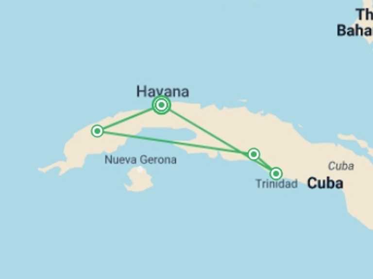 Map of Havana Cultural, religious and historic sites Tour with 4 destination visits for the trip: Cuba Explorer