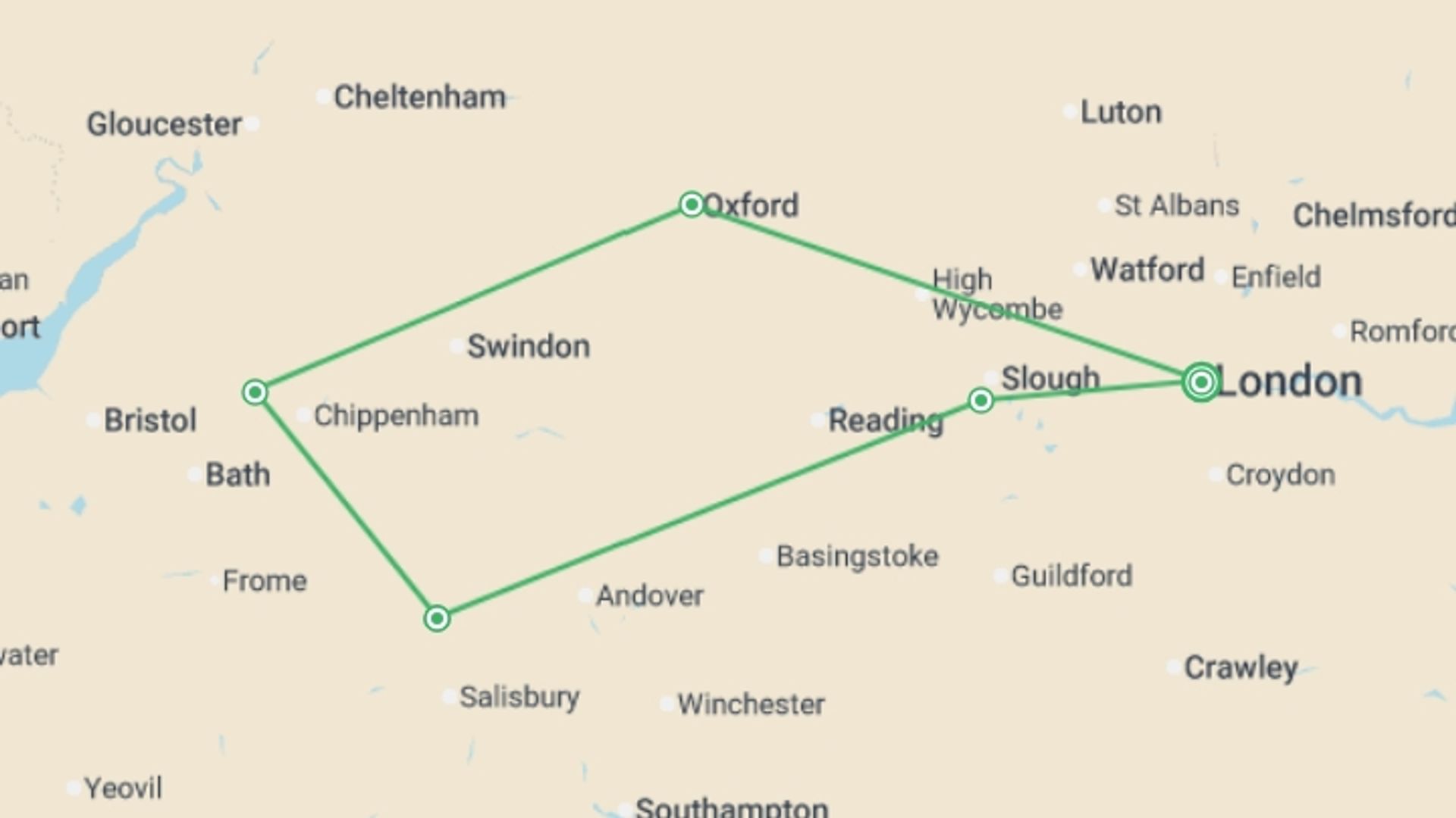 A map showing the tour itinerary for the trip: Heart of England Express - 2 days, starting in London, England and ending in London, England going through 1 other destinations.
