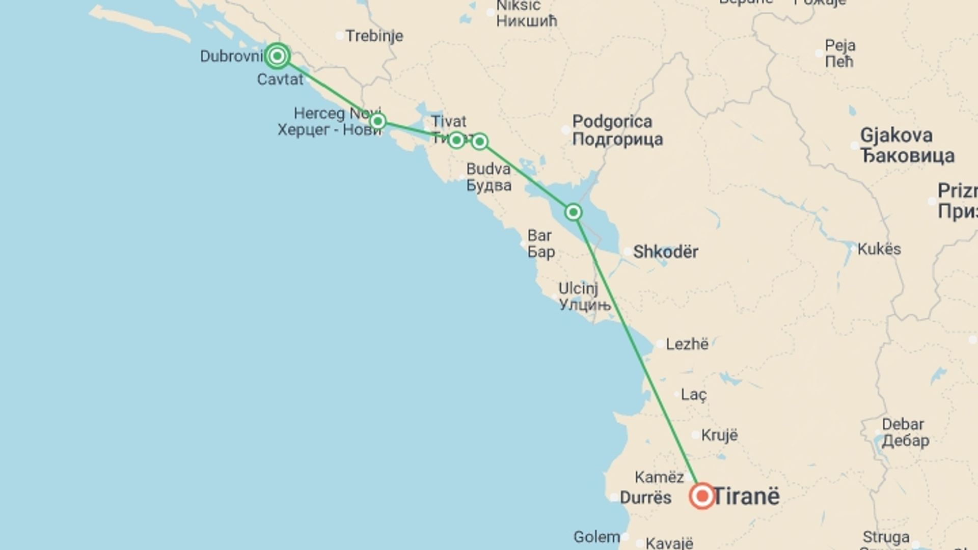 A map showing the tour itinerary for the trip: Cycle the Balkans - Croatia to Albania, starting in Dubrovnik, Croatia and ending in Tirana, Albania going through 4 other destinations.