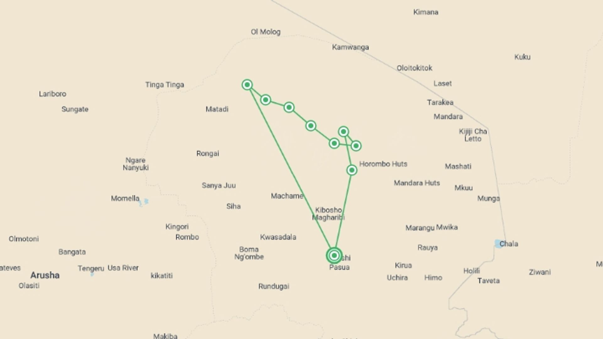 A map showing the tour itinerary for the trip: Mount  Kilimanjaro Climbing  7-Day Lemosho Route, starting in Moshi, Tanzania and ending in Moshi, Tanzania going through 7 other destinations.