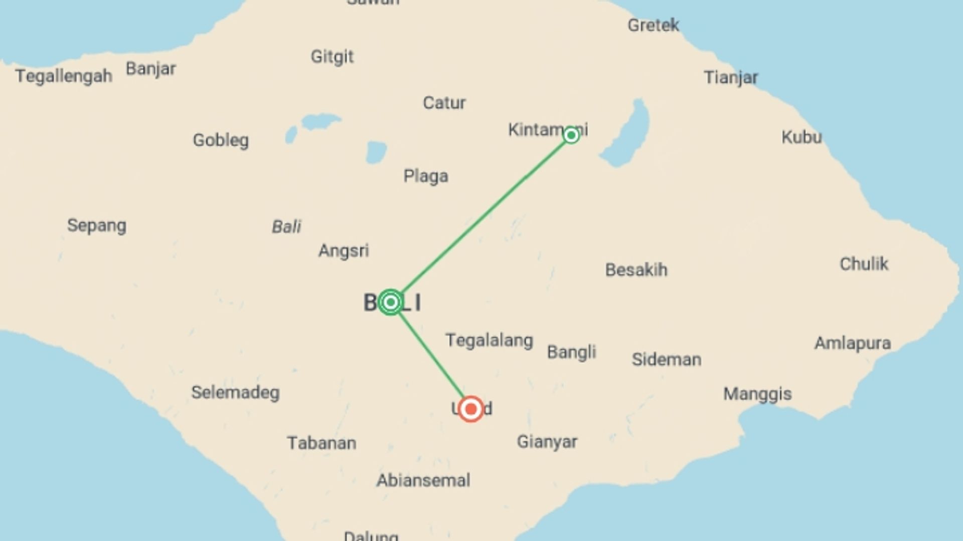 A map showing the tour itinerary for the trip: Magic of Bali And Ubud, starting in Bali, Indonesia and ending in Ubud, Indonesia going through 0 other destinations.