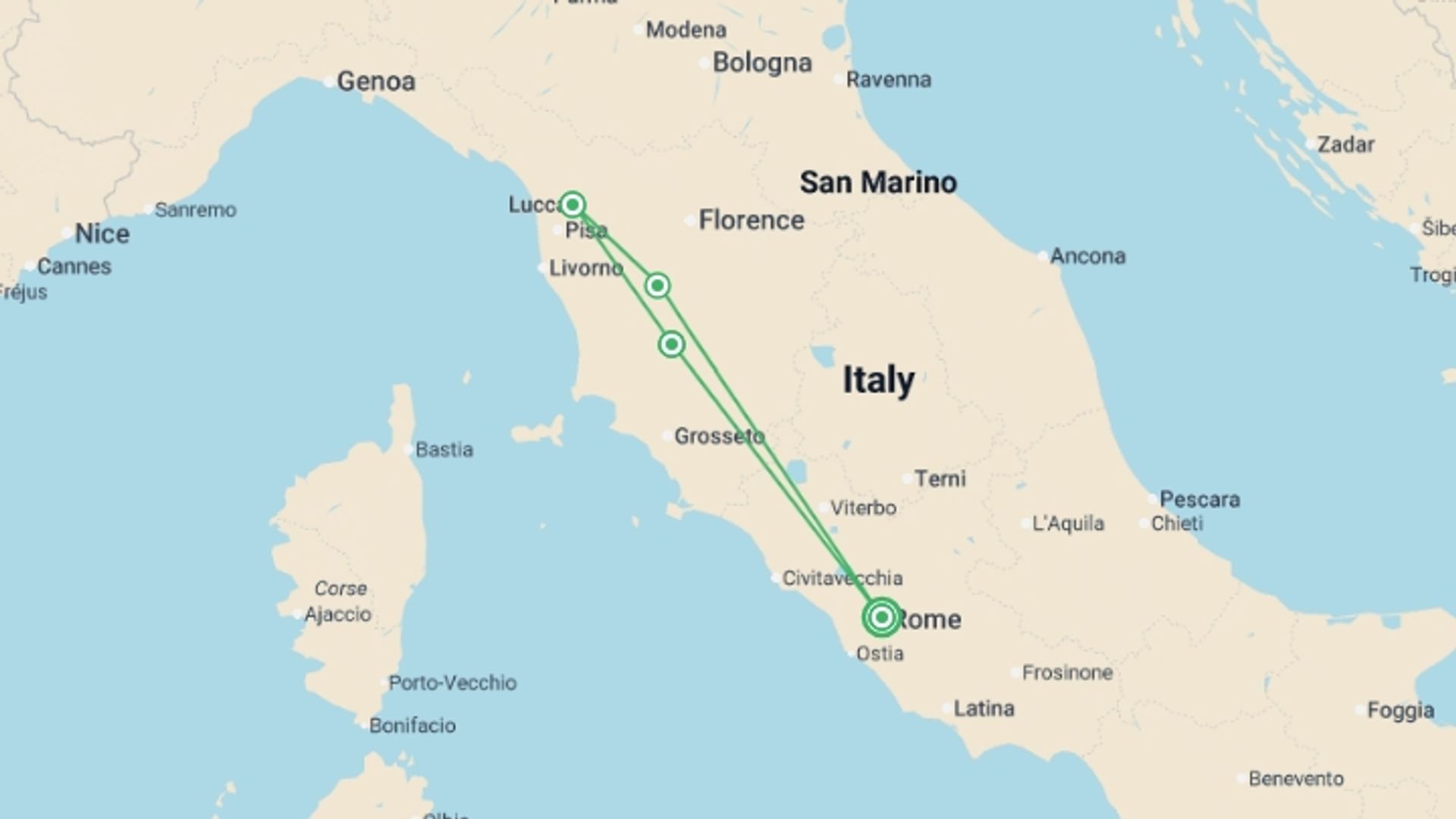 A map showing the tour itinerary for the trip: Rome & Live Like a Local in a Tuscan Villa, starting in Rome, Italy and ending in Rome, Italy going through 3 other destinations.