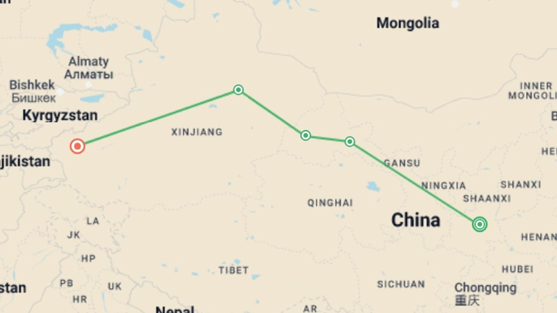 A map showing the tour itinerary for the trip: Mysterious Adventures on China's Silk Road, starting in Xian, China and ending in Kashgar, China going through 5 other destinations.