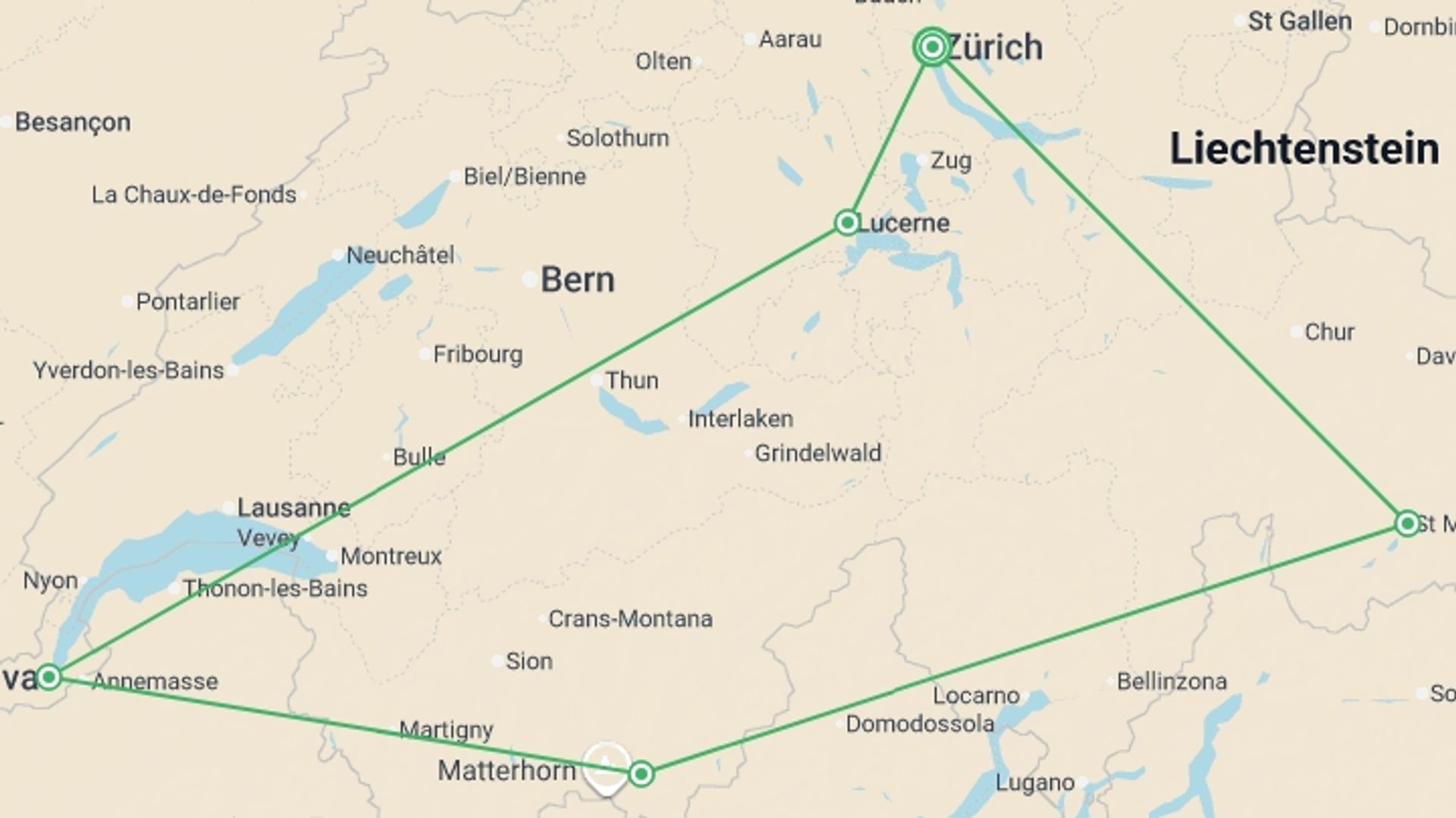 A map showing the tour itinerary for the trip: Majestic Switzerland, starting in Zurich, Switzerland and ending in Zurich, Switzerland going through 4 other destinations.