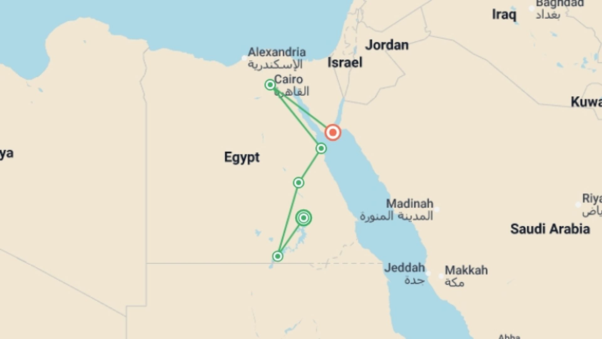 A map showing the tour itinerary for the trip: Egypt: See & Experience it all in 11 days, Luxury Tour, starting in Aswan, Egypt and ending in Sharm El-Sheikh, Egypt going through 4 other destinations.