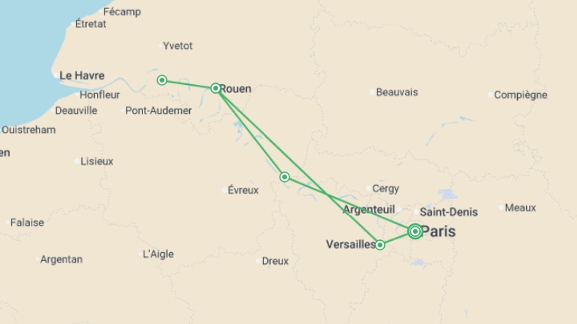 A map showing the tour itinerary for the trip: Paris & Normandy (2027), starting in Paris, France and ending in Paris, France going through 4 other destinations.