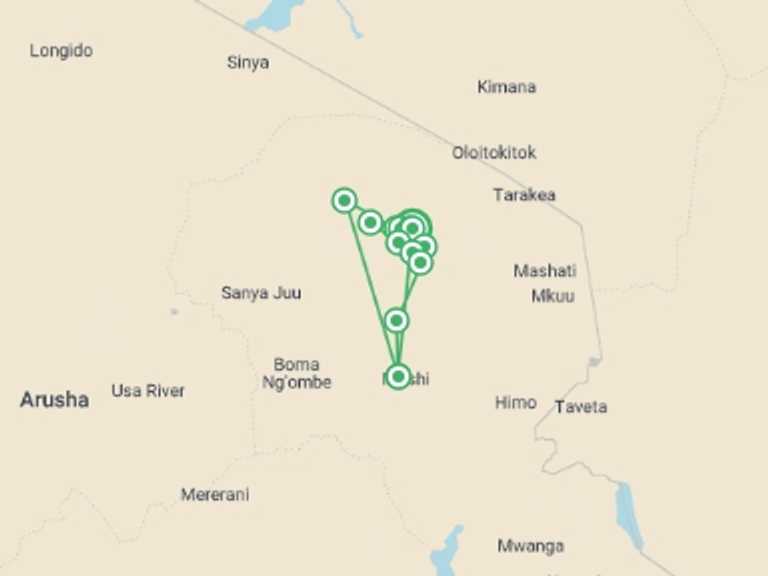 Map itinerary of Moshi Tour in Fall with 8 destination visits for the trip: Lemosho Route, Silver Level Climb (on Request)