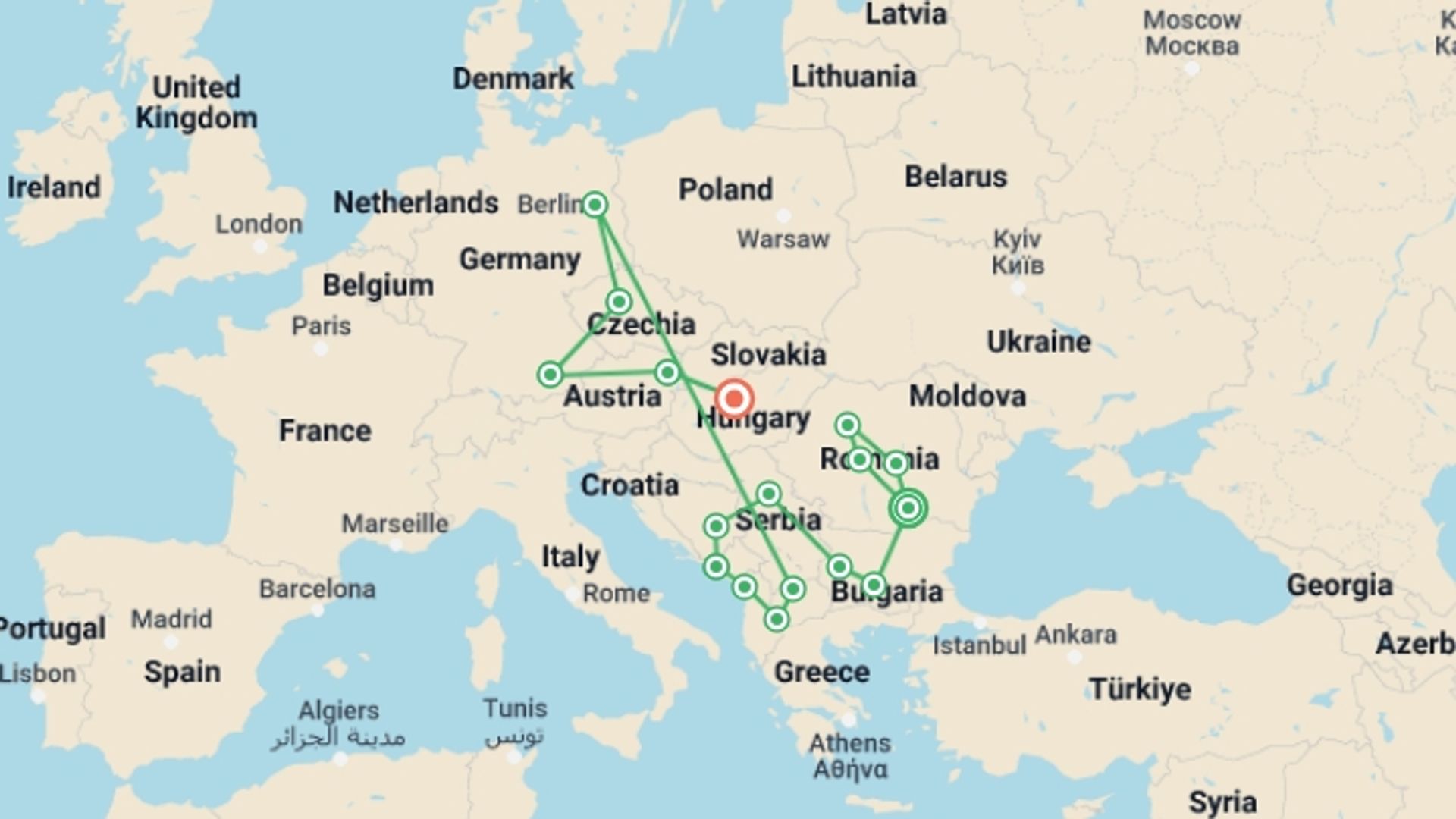 A map showing the tour itinerary for the trip: Ultimate Europe (4 Star Hotels), starting in Bucharest, Romania and ending in Budapest, Hungary going through 13 other destinations.