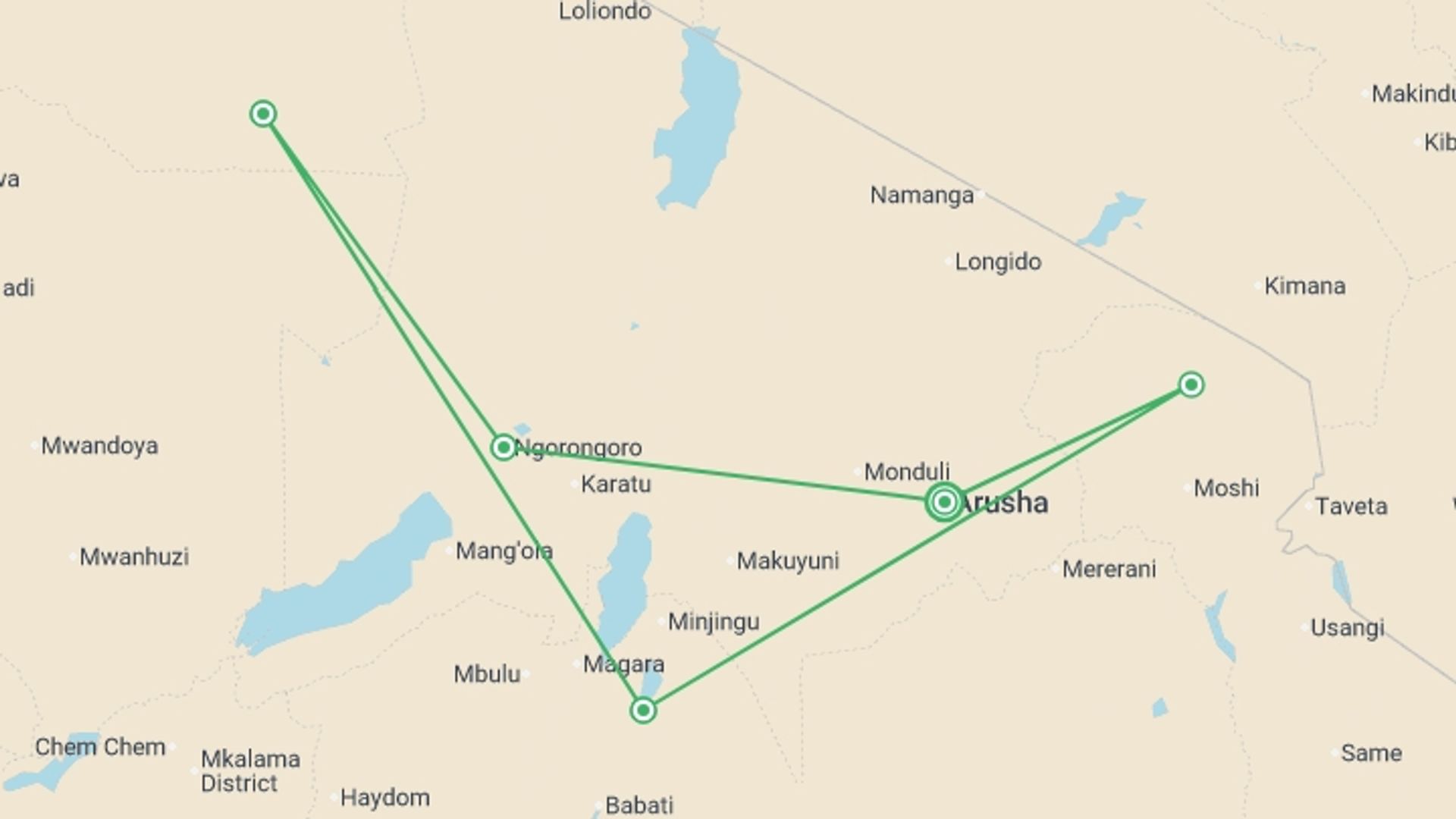 A map showing the tour itinerary for the trip: Wild About Tanzania - 10 days, starting in Arusha, Tanzania and ending in Arusha, Tanzania going through 4 other destinations.