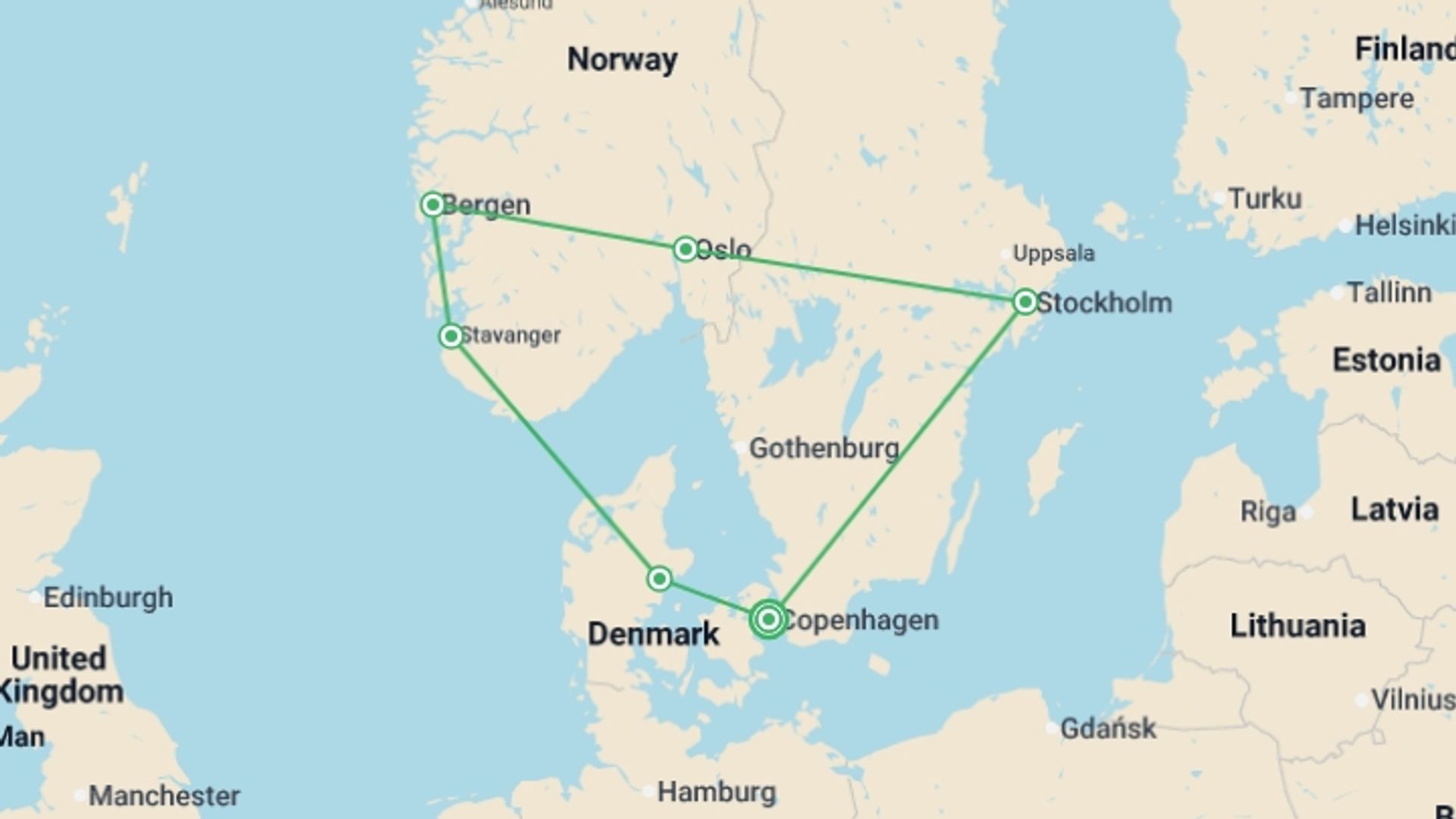 A map showing the tour itinerary for the trip: Great Scandinavia, starting in Copenhagen, Denmark and ending in Copenhagen, Denmark going through 5 other destinations.