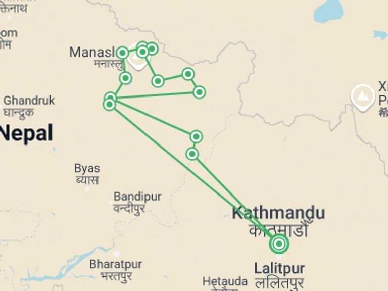 Map itinerary of Nepal Tour in Winter with 14 destination visits for the trip: Manaslu Circuit Trek