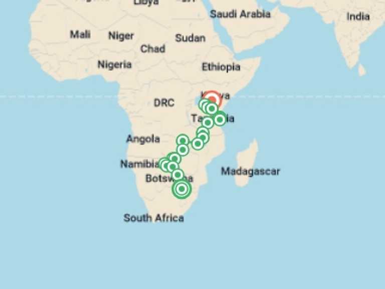 Map itinerary of Africa Tour in April 2027 with 21 destination visits for the trip: Johannesburg to Nairobi Overland: Waterfalls & Beaches