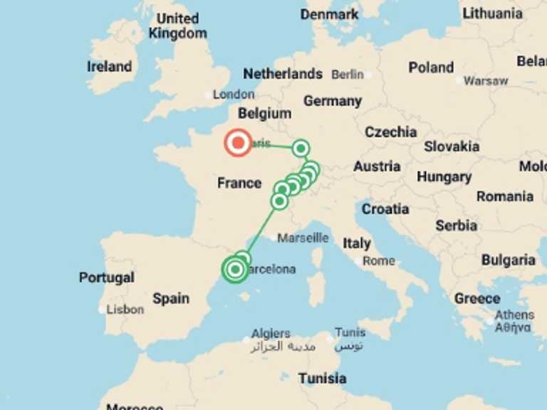 Map of France and Spain Tour with 6 destination visits for the trip: Barcelona to Zurich with Paris