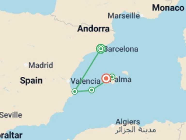 Map of Spain Tour with 4 destination visits for the trip: Barcelona, Ibiza and Mallorca