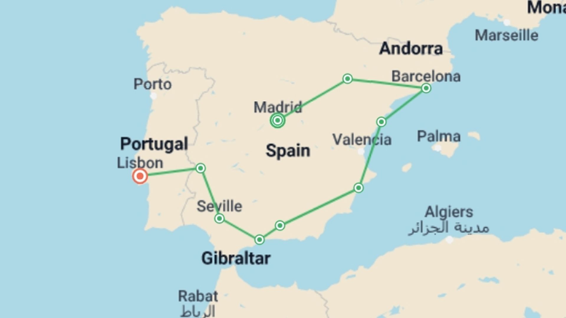 A map showing the tour itinerary for the trip: Spanish Ring with Lisbon (without Alhambra), starting in Madrid, Spain and ending in Lisbon, Portugal going through 8 other destinations.