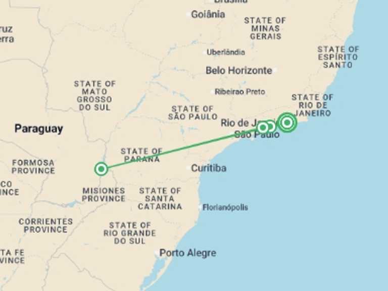 Map of Foz Do Iguacu Adventure Tour with 4 destination visits for the trip: Iguazu Discovery Air-Expedition 12D/11N
