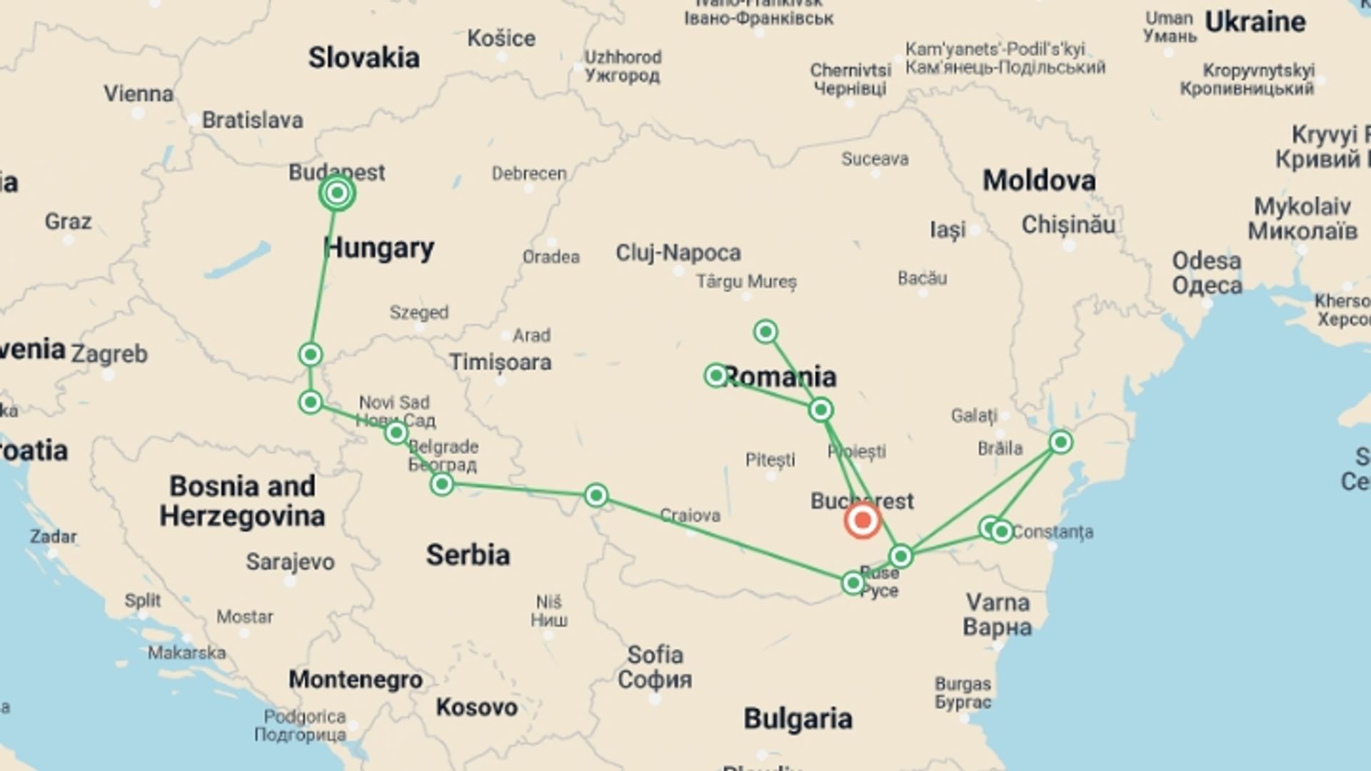 A map showing the tour itinerary for the trip: Along the river Danube, Budapest and the Balkan peninsula (port-to-port cruise), starting in Budapest, Hungary and ending in Bucharest, Romania going through 8 other destinations.