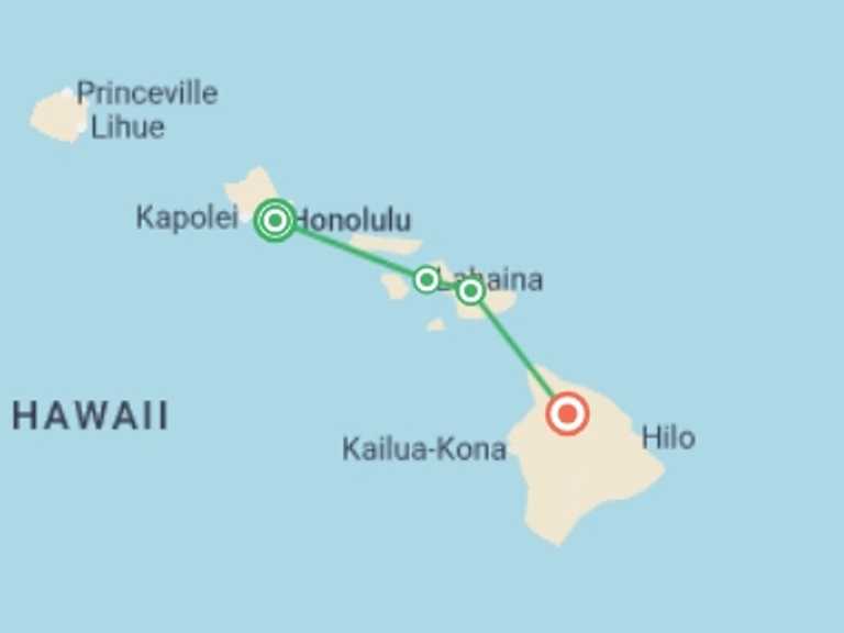 Map itinerary of USA Tour in December 2026 with 5 destination visits for the trip: Hawaii with Oahu, Maui & the Big Island
