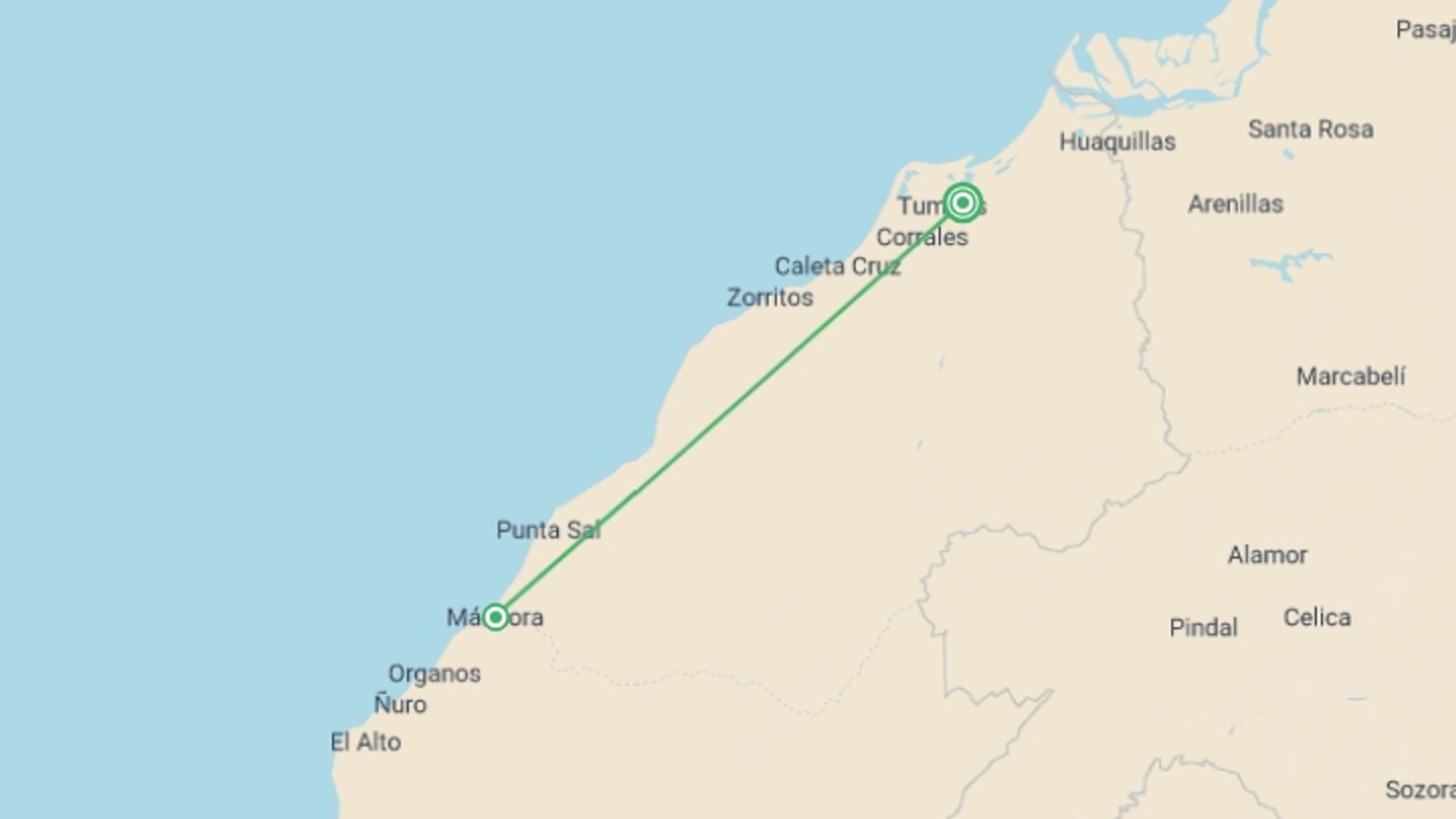 A map showing the tour itinerary for the trip: Northern Paradise, Short Break, starting in Piura, Peru and ending in Tumbes, peru going through 1 other destinations.