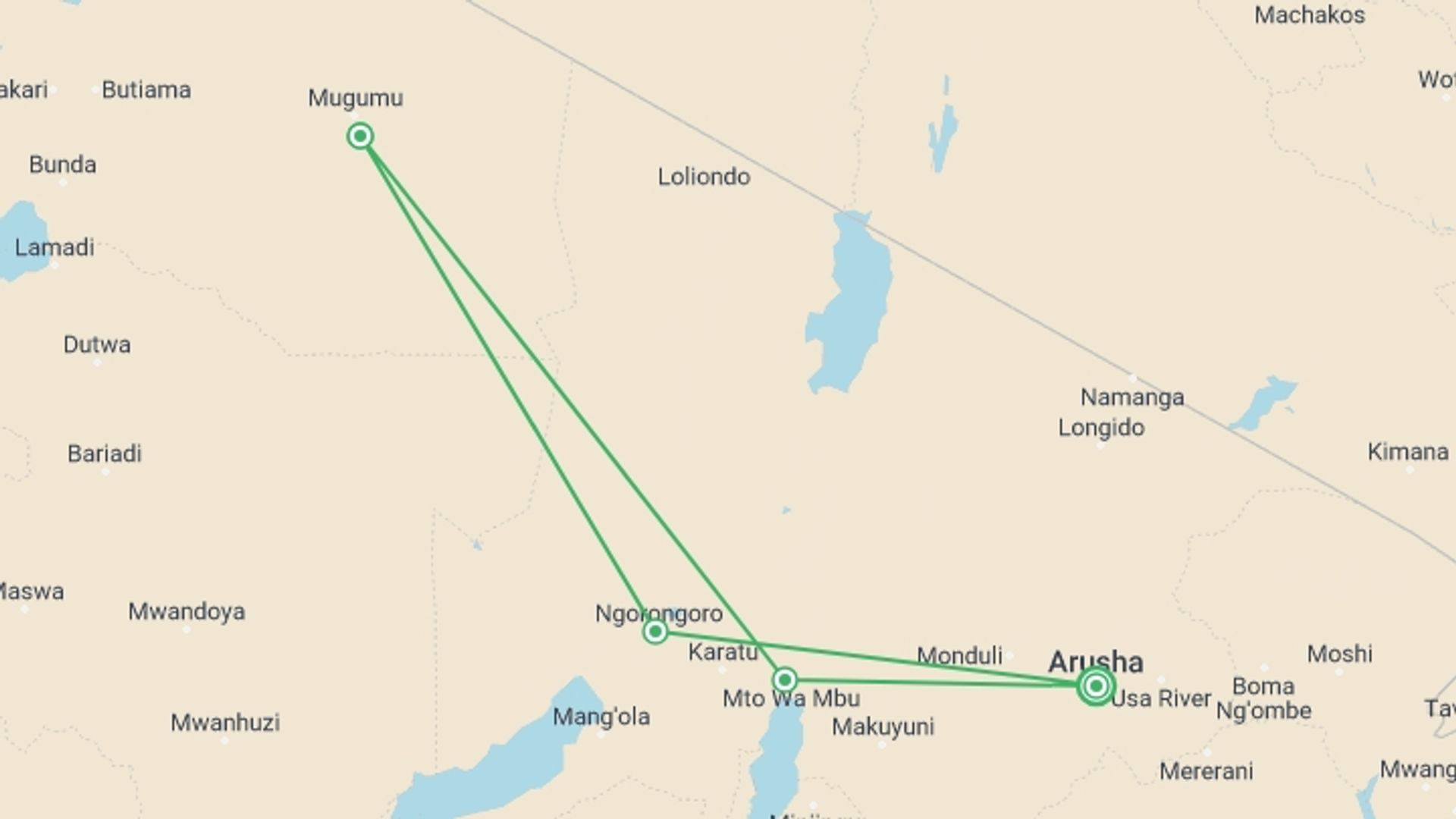 A map showing the tour itinerary for the trip: 5 Days Best of Tanzania Safari on 4x4 Land Cruiser Jeep, starting in Arusha, Tanzania and ending in Arusha, Tanzania going through 4 other destinations.