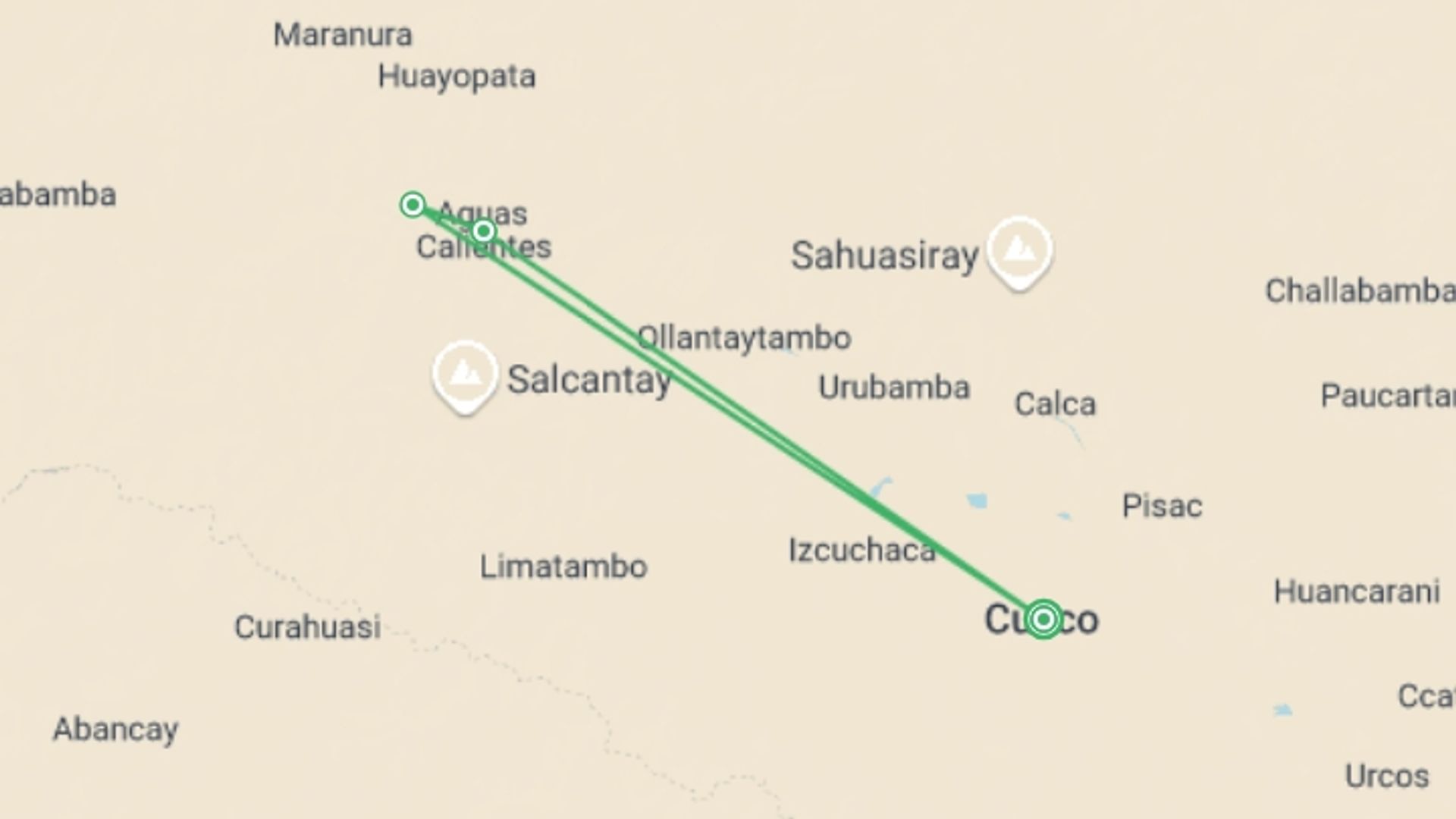 A map showing the tour itinerary for the trip: Machu Picchu Jungle Trek 5D/4N (Biking, Zip-Line & Rafting), starting in Cusco, Peru and ending in Cusco, Peru going through 2 other destinations.